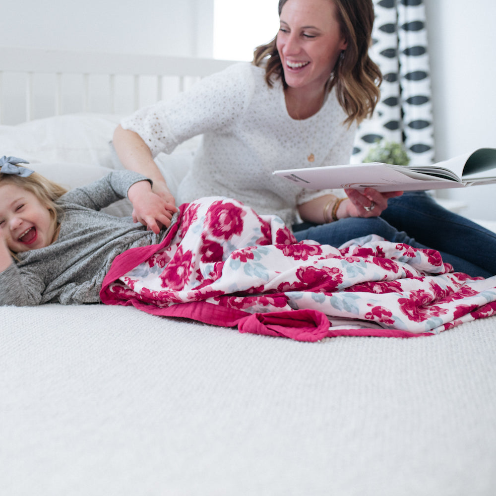 Peony Floral 4 Layer Bamboo Muslin Quilted Blankets Graced Soft